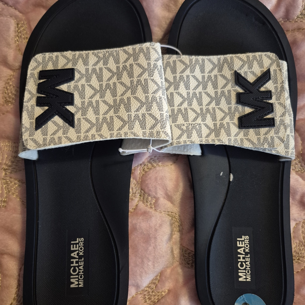 Michael Kors Black and Beige Slide Sandals